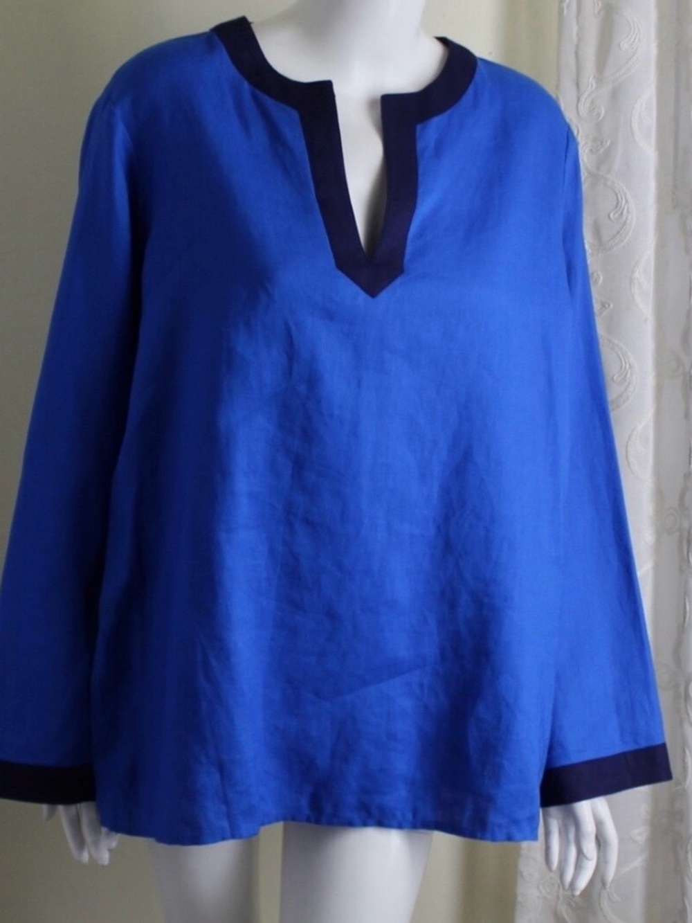Ralph Lauren Sz M Blue Navy 100% Linen Beautiful Vibrant V-Neck Tunic Shirt Top